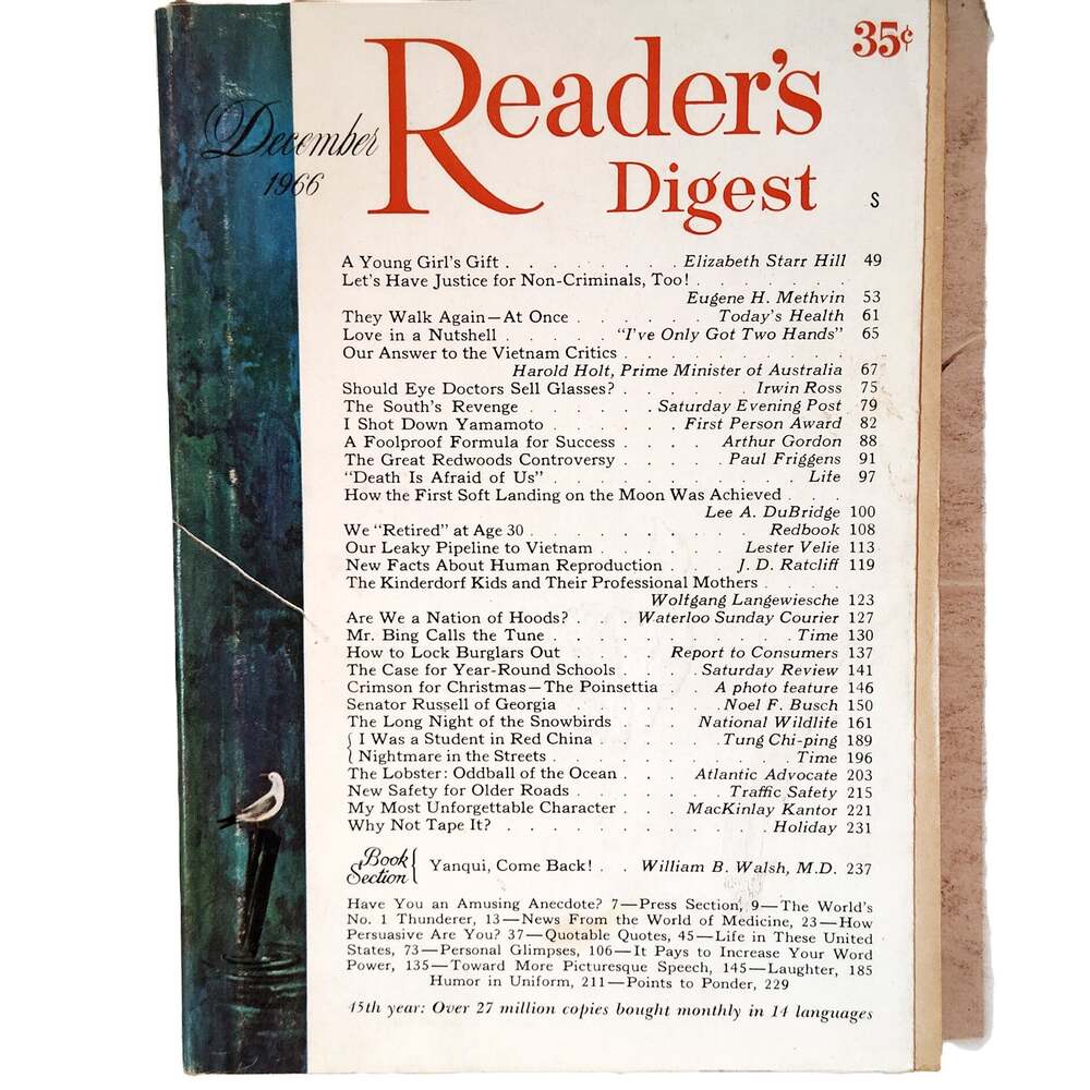 Reader's Digest December 1966 VTG Magazine 35¢ Holiday- Fold Out Ford Mustang Ad